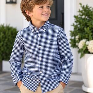 Vineyard Vines Boys whale featherweight Performance Gingham Shirt – Size 7